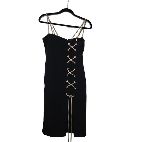 Vintage 80s Joan Raines I Magnum Shoelace Mini Dress Black Gold Small - Picture 1 of 8